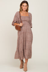 Rust Ditsy Floral Smocked 3/4 Sleeve Maternity Midi Dress