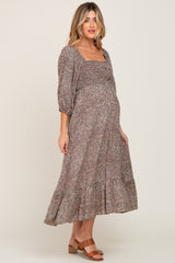 Black Ditsy Floral Smocked 3/4 Sleeve Maternity Midi Dress