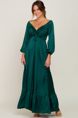 Forest Green Smocked Off Shoulder Satin Maternity Maxi Dress