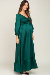 Forest Green Smocked Off Shoulder Satin Maternity Maxi Dress