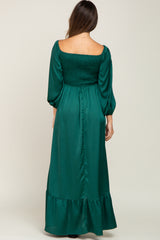 Forest Green Smocked Off Shoulder Satin Maternity Maxi Dress