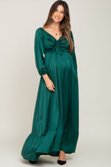 Forest Green Smocked Off Shoulder Satin Maternity Maxi Dress