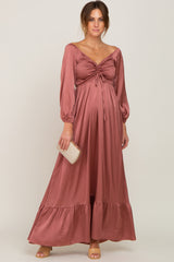 Mauve Smocked Off Shoulder Satin Maternity Maxi Dress