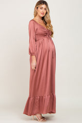 Mauve Smocked Off Shoulder Satin Maternity Maxi Dress