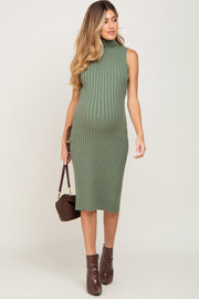 Sage Ribbed Turtle Neck Sleeveless Maternity Midi Dress