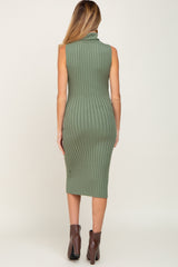 Sage Ribbed Turtle Neck Sleeveless Maternity Midi Dress