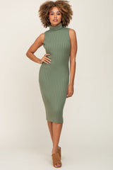 Sage Ribbed Turtle Neck Sleeveless Maternity Midi Dress