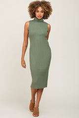 Sage Ribbed Turtle Neck Sleeveless Midi Dress