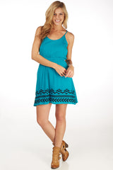 Teal Embroidered Tribal Hem Dress