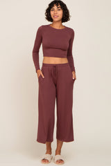 Burgundy Cropped Long Sleeve Lounge Set