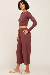 Burgundy Cropped Long Sleeve Lounge Set