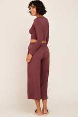 Burgundy Cropped Long Sleeve Lounge Set