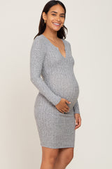 Heather Grey Soft Ribbed Long Sleeve Maternity Midi Dress