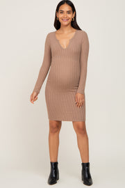 Taupe Soft Ribbed Long Sleeve Maternity Midi Dress