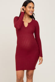 Burgundy Soft Ribbed Long Sleeve Maternity Midi Dress