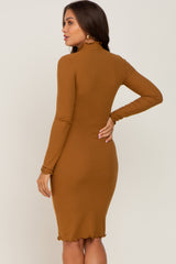 Camel Ribbed Mock Neck Maternity Dress