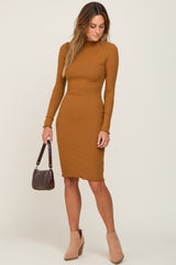 Camel Ribbed Mock Neck Maternity Dress