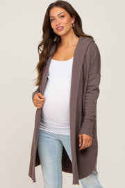 Brown Hooded Long Maternity Cardigan