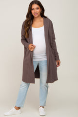 Brown Hooded Long Maternity Cardigan