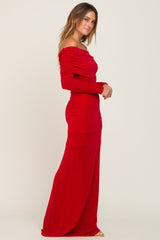 Red Metallic Off Shoulder Long Sleeve Maxi Dress