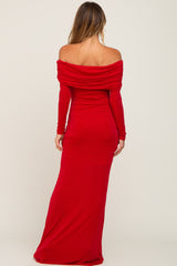 Red Metallic Off Shoulder Long Sleeve Maxi Dress