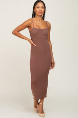 Mocha Ribbed Fitted Sleeveless Maternity Midi Dress