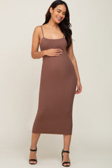 Mocha Ribbed Fitted Sleeveless Maternity Midi Dress