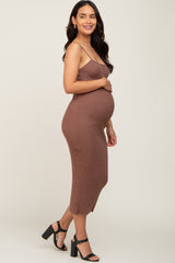 Mocha Ribbed Fitted Sleeveless Maternity Midi Dress