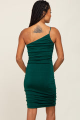 Hunter Green Fitted One Shoulder Ruched Dress