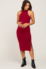 Burgundy High Neck Maternity Midi Dress