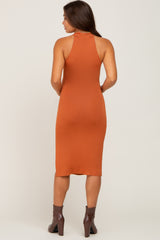 Camel High Neck Maternity Midi Dress