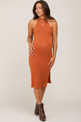 Camel High Neck Maternity Midi Dress