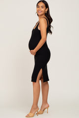 Black Rib Knit Side Slit Maternity Midi Dress