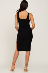 Black Rib Knit Side Slit Maternity Midi Dress