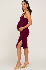 Plum Rib Knit Side Slit Maternity Midi Dress