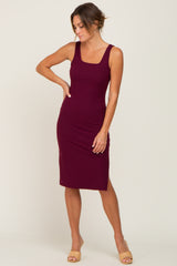 Plum Rib Knit Side Slit Maternity Midi Dress