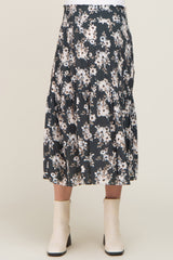 Charcoal Floral Smocked Maternity Midi Skirt