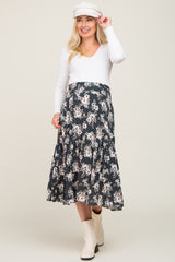 Charcoal Floral Smocked Maternity Midi Skirt