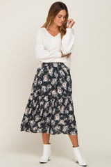 Charcoal Floral Smocked Maternity Midi Skirt