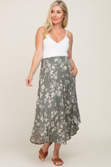 Olive Floral Smocked Waist Maternity Midi Skirt