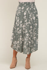 Olive Floral Smocked Waist Midi Skirt