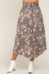 Grey Floral Smocked Waist Midi Skirt