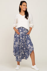 Blue Floral Smocked Waist Maternity Midi Skirt