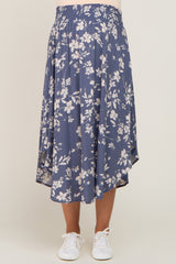 Blue Floral Smocked Waist Maternity Midi Skirt