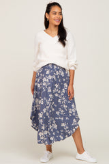 Blue Floral Smocked Waist Maternity Midi Skirt