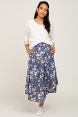 Blue Floral Smocked Waist Maternity Midi Skirt