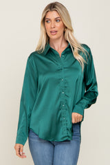 Forest Green Satin Button Down Long Sleeve Maternity Top