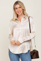 Beige Satin Button Down Long Sleeve Top