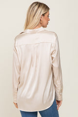 Beige Satin Button Down Long Sleeve Top