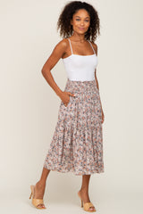 Light Pink Floral Smocked Midi Skirt